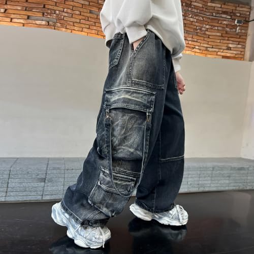 Kids Baggy 𝐘2K Cargo Pants Wide Leg Elastic Waist Streetwears Boys Straight Leg Casual Jeans with Multi Pockets3
