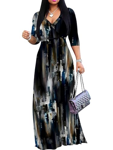 Image of PinkPatty Women's Plus Size Maxi Dresses Casual Flowy 3 /4 Sleeves Dress Printed Vacation Dress for Daily Wear with Belt