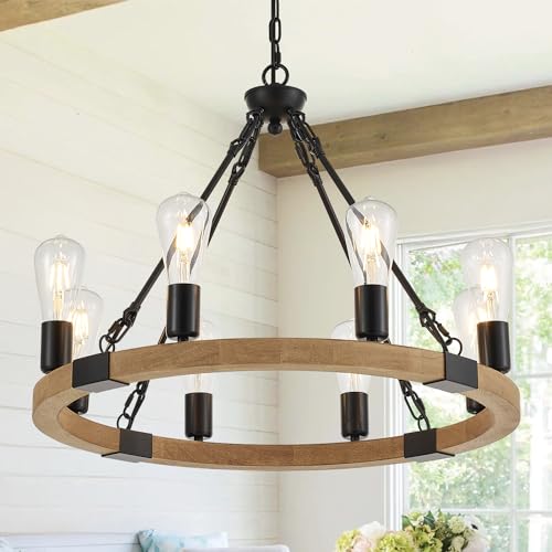 brfaixla 8 Lights Wooden Wagon Wheel Chandelier 23.6'' Natural Farmhouse, Black Metal Ceiling...