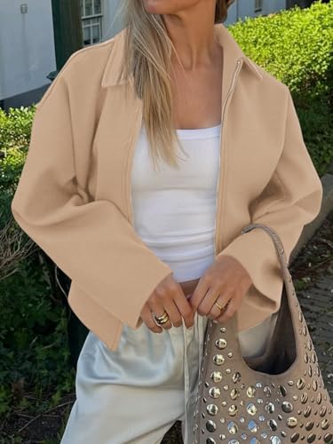 Yousify Womens Cropped Pea Coats Zip Up Short Casual Bomber Wool Blend Jackets Barn Fall Outerwear with Pockets3