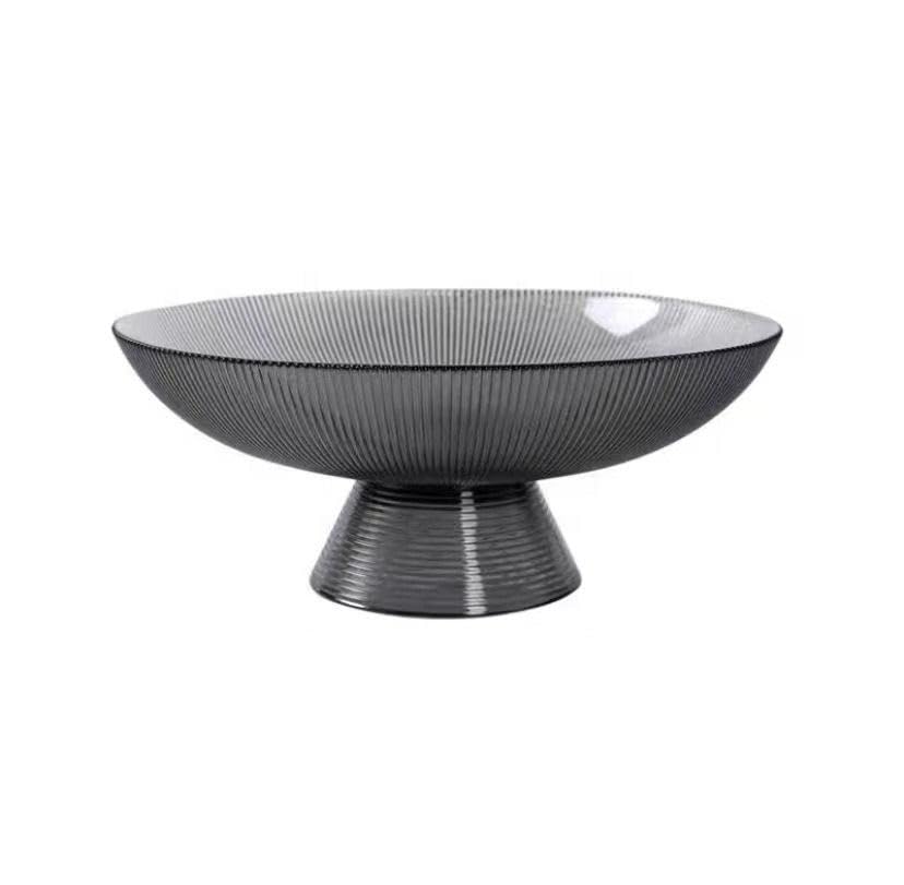 Image of Modern Ribbed Glass Fruit Bowl with Pedestal Stand 10 Inch Set of 1, Luxury Fluted Glassware Pedestal Bowl for Fruit, Salads, Decor (Black Color)