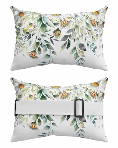 Anzona Pack of 4 Eucalyptus Leaves Lumbar Pillow Covers, Outdoor Waterproof Throw Pillow Covers Set, White Daisy Spring Floral Summer Botancial Decorative Cushion Case for Patio Beach, 11x16 Inch