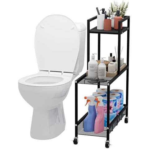 HOUSE AGAIN 3 Tier Movable Bathroom Shelves, Toilet Storage Rack Rack for Skinny Corner Floor, Sturdy Toilet Cabinet Bathroom Organizers and Storage Towel, Wash Supplies, Toilet Paper - Black Cover