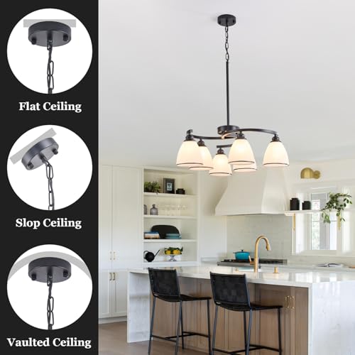 6-Light Modern Chandelier Light Fixture for Dinner Room, Matte Black Hanging Lamp with Frosted Milk White Glass Lampshade, Adjustable Height Pendant Ceiling Light for Island Entryway Office Bedroom by BEIOPBRN - Used condition - Image 2