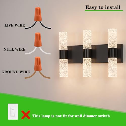 Image of Modern Vanity Light, 6-light Black LED Vanity Light Fixture, Crystal Bathroom Lighting Fixtures over Mirror, Wall Lighting Fixtures for Bath, Wall Sconce for Bedroom Living Room, 27W Warm White