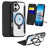 Fadkzyxr iPhone 17 用 ケース 手帳型 カード収納 MagSafe対応 リング付き 360°回転スタンド 縦横両対応 いphone17 スマホケース レザー素材 軽い 薄型 耐衝撃 全面保護 アイフォン17 携帯カバー マグセーフ対応 おしゃれ-ブラック