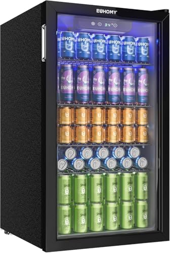 Euhomy Réfrigérateur à Boissons 90 L Avec Porte Vitrée, Mini Frigo Pour 126 Canettes, Mini Réfrigérateur Avec étagères Réglables, Idéal Comme Cave à Vin, Mini Réfrigérateur Pour Bureau ou Bar Noir