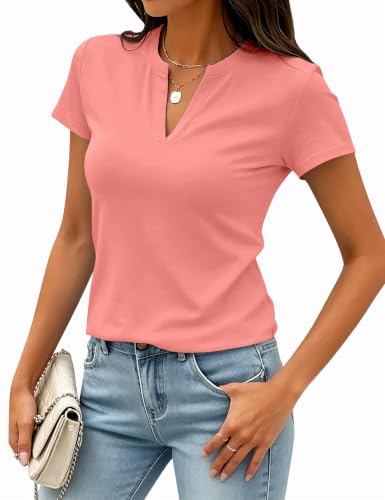 Image of Meetrendi Women's Notch V Neck T-Shirt Slim Fit Premium Cotton Blend Short Top