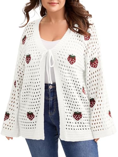 Womens Plus Size Cardigan Strawberry Floral Print Sweater Open Front Knit Top Spring Sweet Outerwear White 4XL