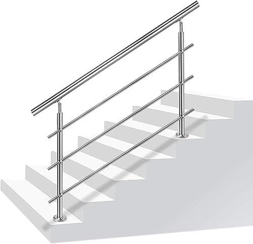 LZQ 200cm Main courante en acier inoxydable pour escaliers, balustrade, balcon et autres utilisations intérieures et extérieures avec traverses (200 cm, 3 traverses)