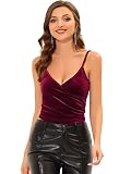 Allegra K Damen Weihnachten Spaghetti Tank Top Samt Velvet Ärmellos Tief V-Ausschnitt Party Bluse Weinrot M