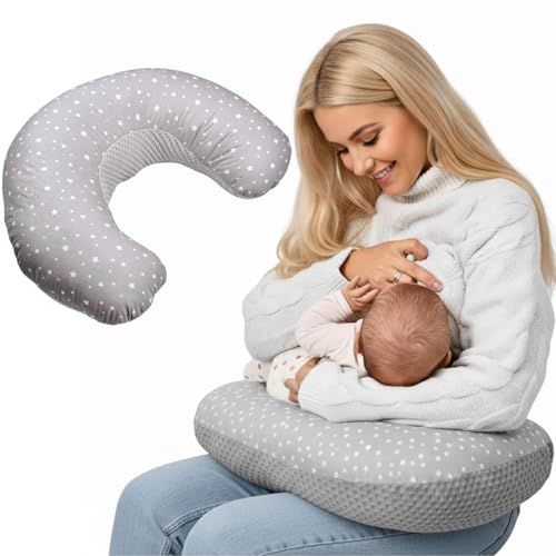 Cojin Blando Bebe,100% Algodon Organico,Almohada para bebé, Lactancia, Cojin Baby en Forma de U, Suave,Hipoalergenico, Transpirable, Industria España (Estrella Gris)