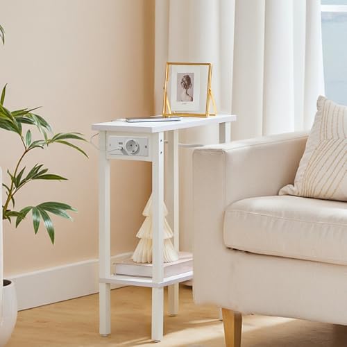 HOOBRO Mesa Auxiliar Estrecha, Mesita de Sofá de 2 Niveles con Estación de Carga, Mesita de Noche con Estante, para Espacio Pequeño, Salón, Dormitorio, Estudio, Blanco EWT240CBZ01 - imagen 2