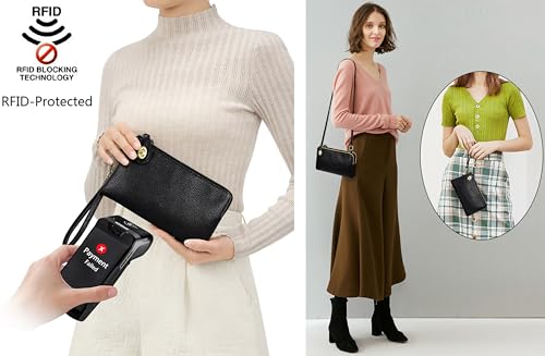 Image of YALUXE Genuine Leather Wristlet Handbags Purses Cell Phone Pocket Clutch Wallet Crossbody Bags for Women