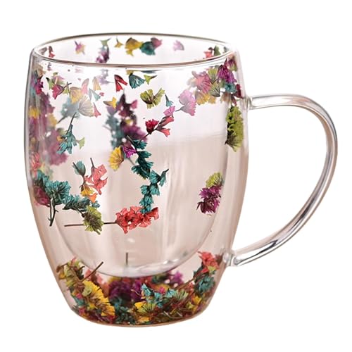 Supatmul Getrocknete Blumen Glas Teetasse, Doppelwandige Glasbecher, Schöne Teetasse Mit Griff, Hitzebeständiger doppelwandiger Glasbecher mit getrockneten Blumen für kalte Getränke, Cappuccino