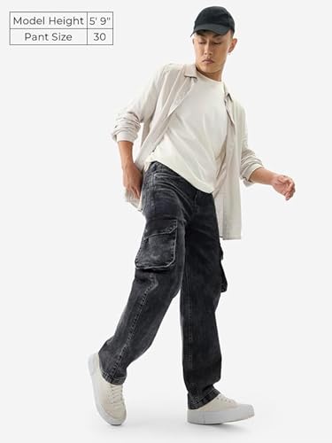 Image of The Souled Store Solids: Stone Grey Men and Boys Buttoned Straight Fit Cargo Jeans