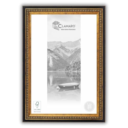 CLAMARO 'SPLIT' Cornice portafoto anticata, 30 x 38 cm, in legno massiccio | nero oro | 52 mm di larghezza Shabby Chic Vintage Barocco, cornice in legno con vetro acrilico, parete posteriore, gancio