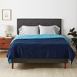 Amazon Basics Soft Reversible Lightweight Microfiber Comforter, Washable, Warm All Season Blanket, Full/Queen, Navy/Sky Blue