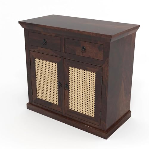 Image of Small Wooden Cabinet for Living /Dining /Drawing /Bedroom & Office with 2 Drawers & Doors | Solid Wood Sheesham | Walnut Finish | Design - Cane