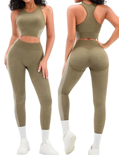 Relety Womens Workout Sets 2 Piece Seamless Padded Raceback Sports Bra Butt Lifting Leggings Color Block Gym Yoga Outfits - Olive Green Medium
