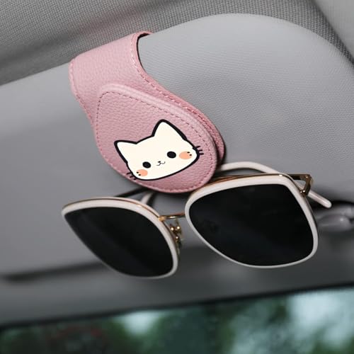 FLYEEGO Sunglass Holder for Car Visor, Hello Pink Cat Anime Cute Kitty Cat Kawaii Cartoon Magnet Sunglasses Holder for car, Leather Car Sunglass Holder, Visor Sunglass Holder with Glasses Cards