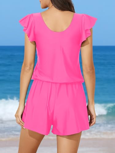 Image of Smismivo Swim Romper with Built in Bra and Pockets Swim Dress Modest One Piece Swimsuit Full Coverage Bathing Suit