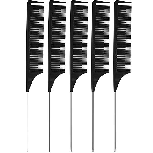 5 Pieces Parting Comb for Braids Rat Tail Hair Comb Braiding Comb Pintail Comb Carbon Fiber Heat Resistant Comb Highlighting Weaving Foiling Sectioning Comb Fine Teeth Styling Comb (Black)