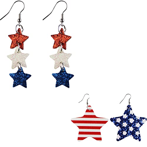 2 Pairs Colorful Star Leather Independence Day Dangle Earrings Set American Flag 4th July Patriotic Earrings for Women Jewelry