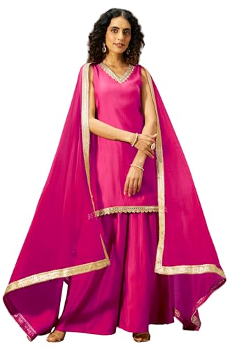 Image of Janasya Women's Chanderi Silk Embellished Straight Kurta With Sharara & Dupatta Set