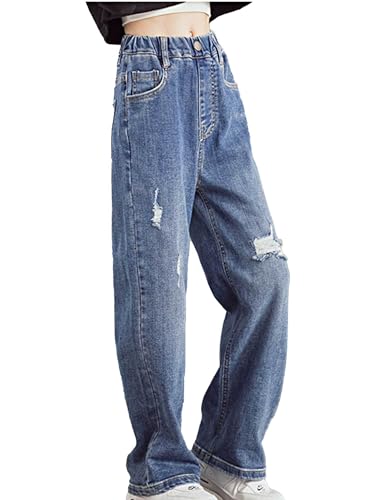 Girls Casual Loose Elastic Waistband Ripped Jeans Denim Cropped Trousers with Pockets Distressed Jeans3