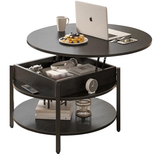 FABATO Round Lift Top Coffee Table with Storage and Hidden Compartment, 26.77” Farmhouse Coffee Table for Living Room Reception Room, 2 Tier Small Round Coffee Table Circle Dining Table, Black