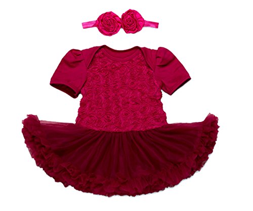 Ding-dong Baby Girl Summer Flower Ruffles Tutu Dress Romper+Headband Sets Outfit(Wine Red,0-3M)