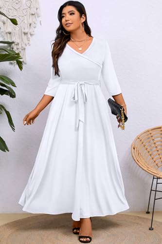 Image of Runwind Plus Size Dress for Women - 3 /4 Sleeve V Neck Maxi Dresses for Women (XL-6XL)