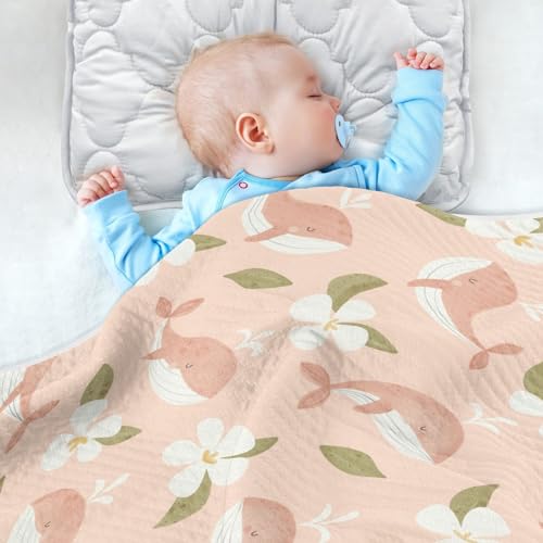 Image of Animal Whales Pink Baby Swaddle Blanket for Boys and Girls, Cute Muslin Baby Receiving Swaddle Blanket, Soft Cotton Nursery Swaddling Blankets for Newborn Toddler Infant, 30x40 in