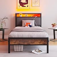 BORPHOM 3ft Single Bed Frame with Storage Headboard,LED Lights,Metal Upholstered Platform Bed Frame with Charging Station,Mattress Foundation/Strong Steel Slat Support/Under-bed Storage/Easy Assembly