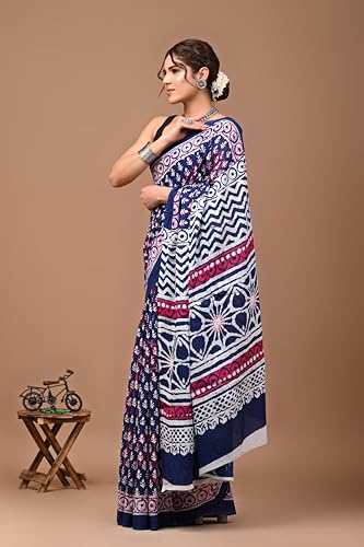 Image of Crafts Moda Hand Block Ajrakh Print Cotton Saree for women with Blouse | Soft comfortable wear sari