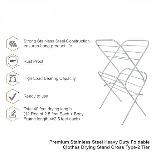 Image of Familia Premium Stainless Steel Foldable Cloth Drying Stand - (Cross Type 2-Tier- SS)