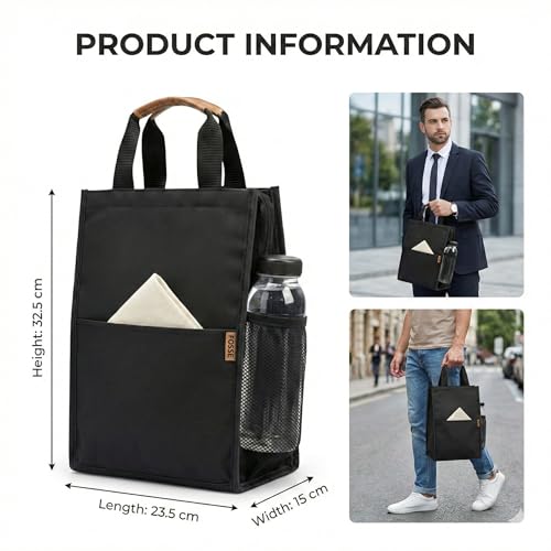 Image of FOSSE Insulated Lunch Bag (10 Litre, Black), Office Tiffin Bags for Men and Women, Hot & Cold Travel Lunch Box for Men, Tiffin Box & Bottles, Lunch Bag for Office, Picnic Bag (Black)