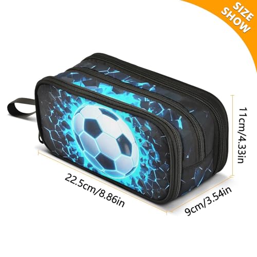 Image of 3D Soccer Football Blue Pencil Case Box Boys Girls Large Pencil Pouch Zipper Compartments Big Capacity Stationery Pen Bag Organizer for Kids Teens Adults School Office