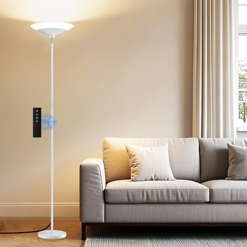 Image of SIBRILLE White Torchiere Floor Lamp - 30W Dimmable LED Standing Lamp with Remote /Button Control, 1800Lm, 3000-6500K, 72in Bright Standing Pole Light for Living Room Bedroom Office Corner
