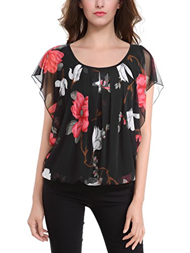 BAISHENGGT Women's Pleated Front Flared Short Sleeve Mesh Tunic Top Medium Black