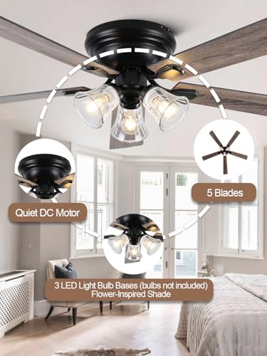 Image of 60 inch Flush Mount Vintage Ceiling Fan with Lights and Remote | Farmhouse Rustic Fandelier, 3 E26 Lights Low Profile Chandelier, for Bedroom Living Room, 5 Dual Blades (Bulbs Not Included)