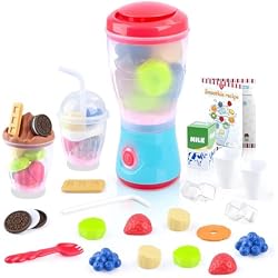 PLAY Smoothie Maker Toy Blender Set - 27 Pcs Pretend Play Kitchen Appliance for Kids with Realistic Action, Light and Sound, Play Toy Food Fruits and Cookies, Toy Mixer Birthday Gift for Kids Ages 3+