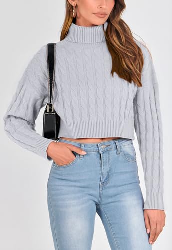 PRETTYGARDEN Women's Cropped Turtleneck Sweater Long Sleeve Cable Knit Pullover Sweater Jumper Cozy Cute Sweaters (Grey,Large)