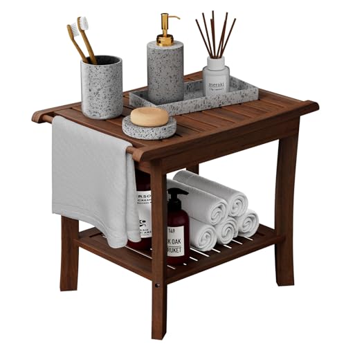Zrgzob Teak Shower Bench with Shelf & Handle, 20 Inch