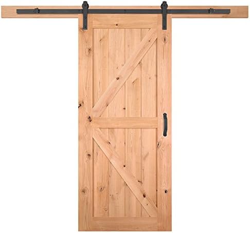 Masonite Complete Barn Door Kit Includes Pre-Drilled Wood Door, Track, Straight Strap Rollers, Handle, 36" x 84", Natural Wood/Matte Black