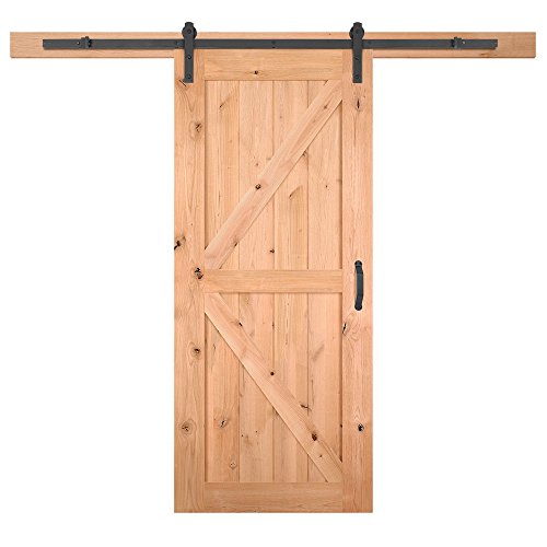 Masonite Complete Barn Door Kit Includes Pre-Drilled Wood Door, Track, Straight Strap Rollers, Handle, 36" X 84", Natural Wood/Matte Black #TOP1