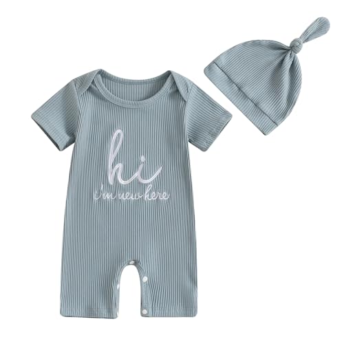 Awwpiely I'm New Here Newborn Baby Boy Clothes Embroidery Letter Short Sleeve One Piece Romper Rib Jumpsuit Summer Outfit (Blue, Newborn)
