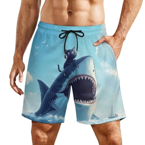 Funny Cat and Shark Mens Swim Trunks Quick Dry Beach Board Shorts with Pockets