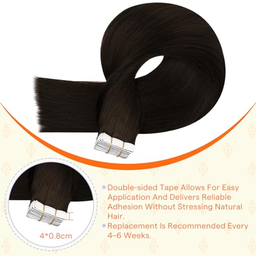 Image of Full Shine Tape in Extensions Human Hair 16 Inch Color 2 Dark Brown Invisible Hand Tied Weft Hair Extensions Real Human Hair Tape in 20PCS Natural Seamless Soft and Silky 40g Add Volume